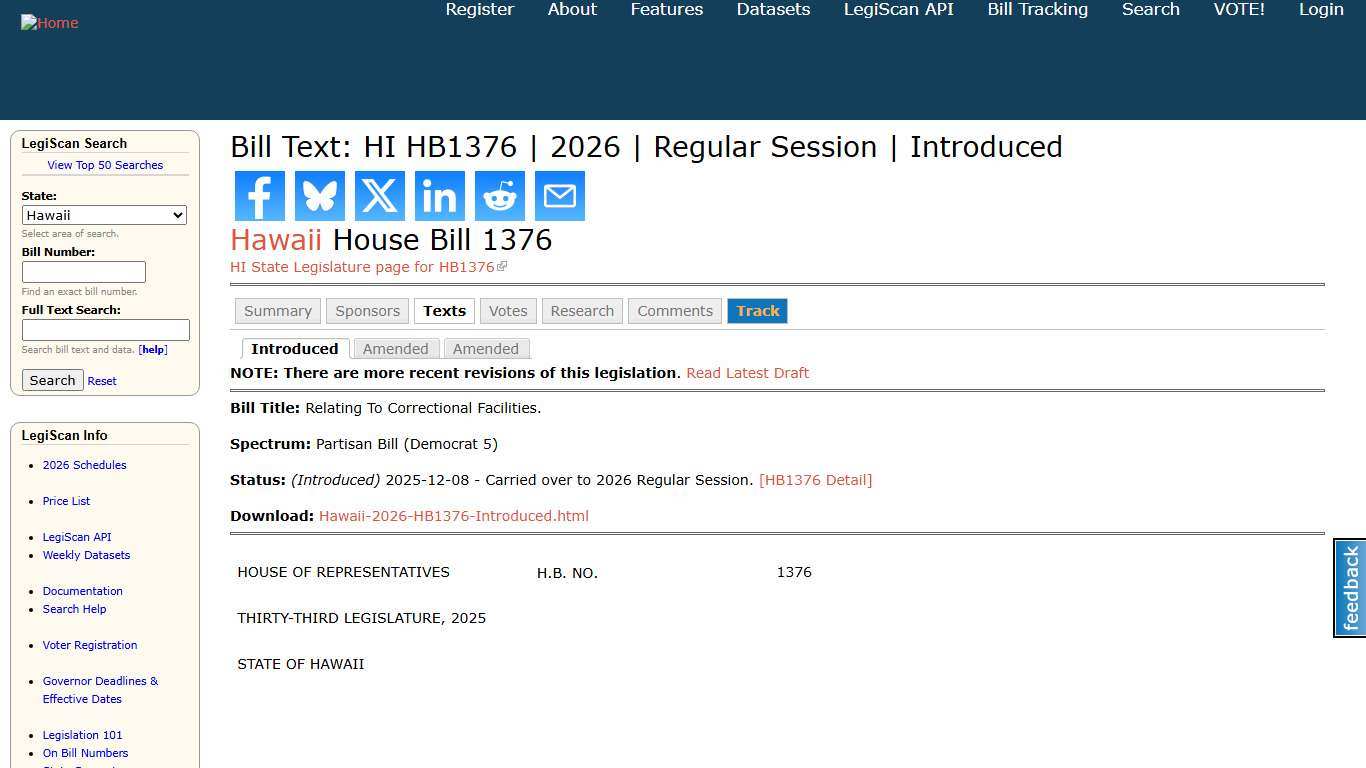 Bill Text: HI HB1376 2026 Regular Session Introduced LegiScan